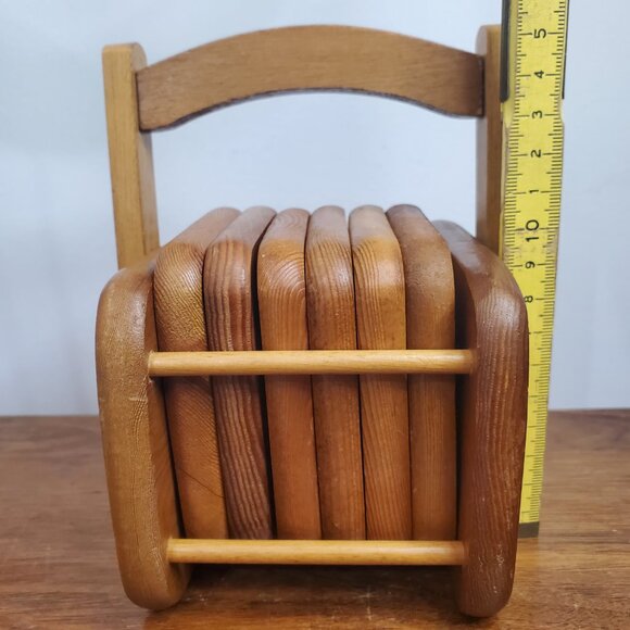 Vintage Wooden Coaster Set with Holder – 6 Cork-Insert Coasters, Mid-Century Rus - Picture 7 of 10